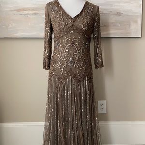 Gorgeous Pisarro Nights taupe elaborately beaded gown